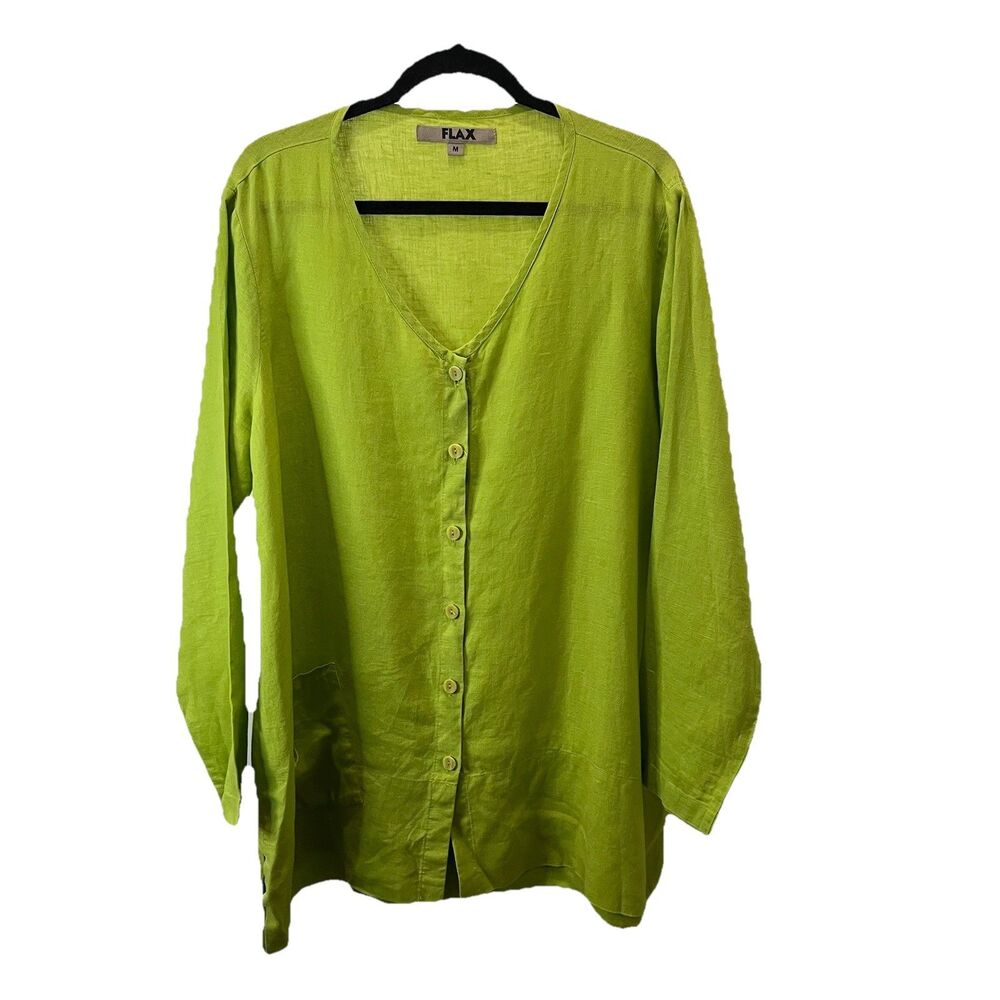 Flax Lime Green Long Sleeve Button Down Top Womens Size Medium 100% Linen